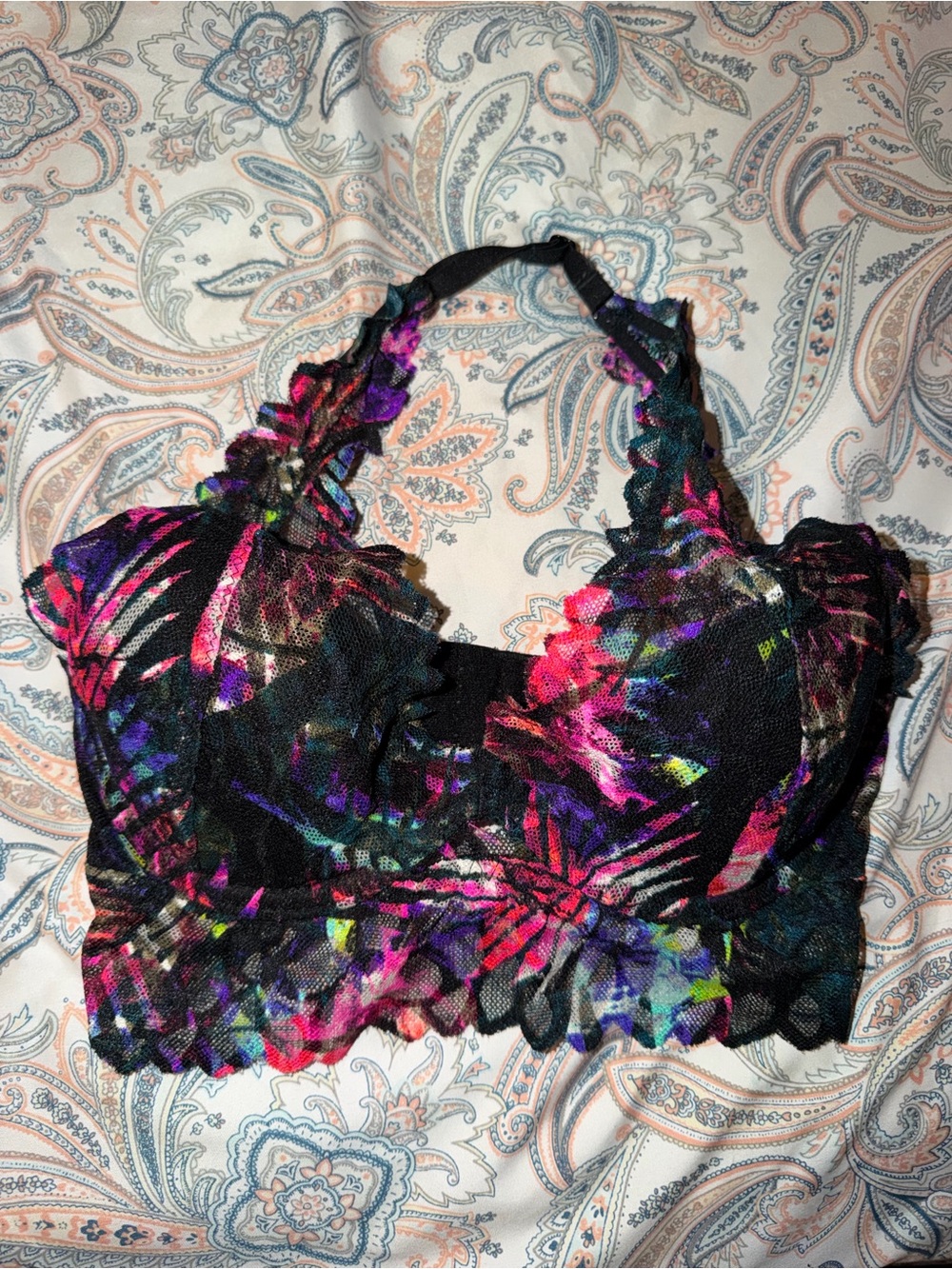 PINK Victoria's Secret Black Floral Lace Bralette with Multicolor Print